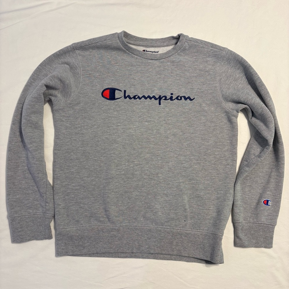 Champion Gray Crewneck Sweatshirt with Navy & Red Logo